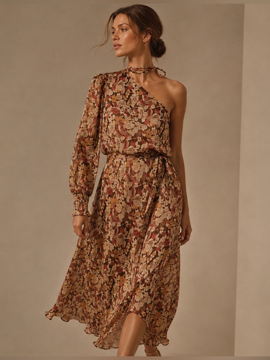 Ralph Lauren Dresses & Skirts - Ralph Lauren One-Shoulder Floral Maxi Dress in Rust and Cream